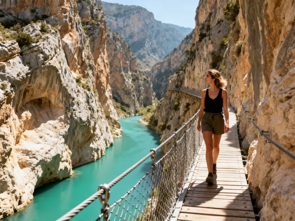 Turystka spaceruje po wiszącej kładce Caminito del Rey, podziwiając widok na głęboki wąwóz i turkusową rzekę.