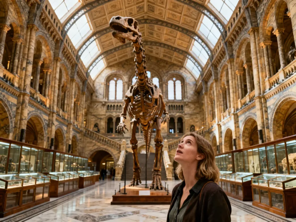 Turystka podziwiająca szkielet dinozaura w monumentalnym, bogato zdobionym wnętrzu Muzeum Historii Naturalnej w Wiedniu.