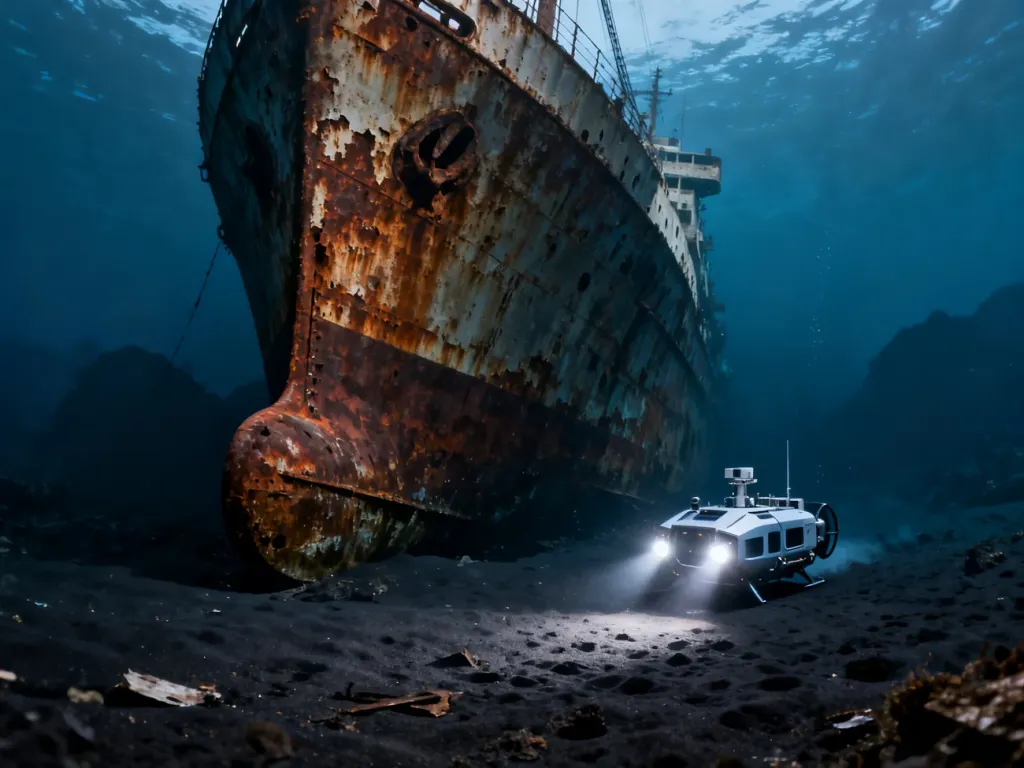 Nowoczesna łódź podwodna oświetla reflektorami zardzewiały dziób wraku Titanica spoczywający na dnie oceanu.