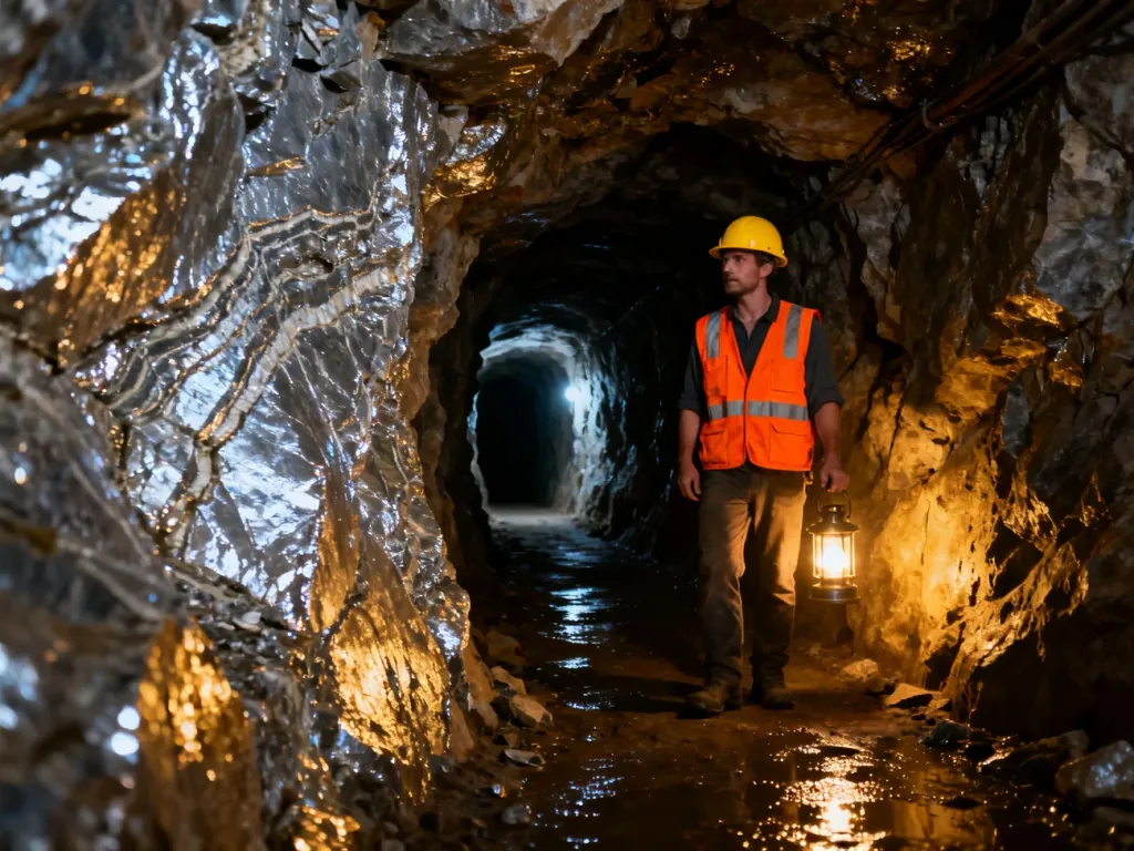 Turysta w kasku i kamizelce odblaskowej zwiedza oświetlony tunel zabytkowej kopalni srebra w Tarnowskich Górach.