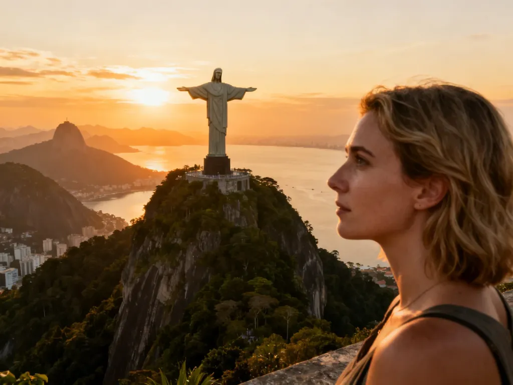 Turystka podziwiająca panoramę Rio de Janeiro z posągiem Chrystusa Odkupiciela na szczycie góry Corcovado o zachodzie słońca.