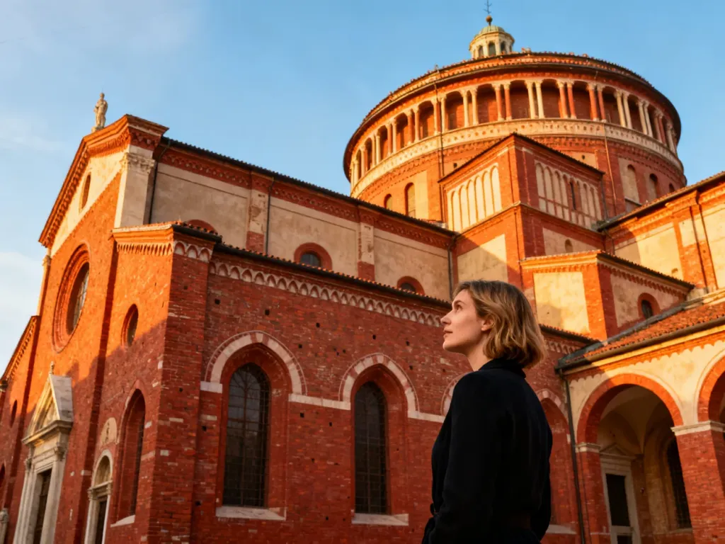 Kobieta podziwiająca renesansową architekturę bazyliki Santa Maria delle Grazie w Mediolanie podczas złotej godziny.