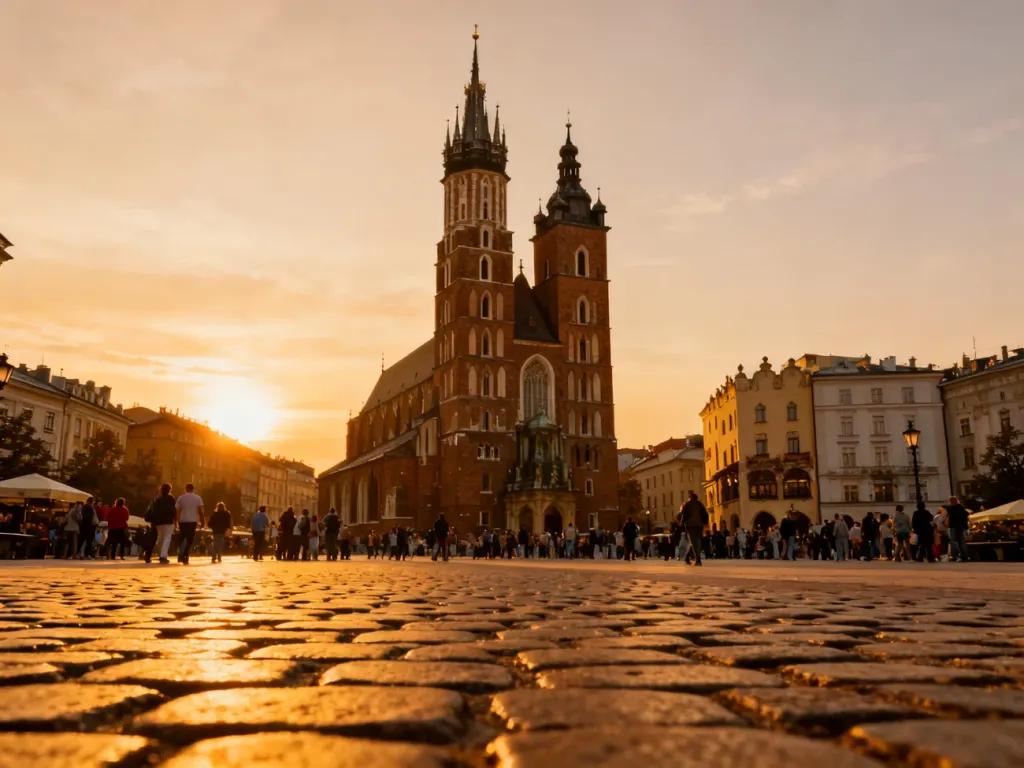 Bazylika Mariacka w Krakowie o zachodzie słońca, górująca nad tętniącym życiem Rynkiem Głównym.