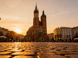 Mężczyzna w płaszczu wchodzi do Fabryki Emalia Oskara Schindlera w Krakowie o zachodzie słońca.