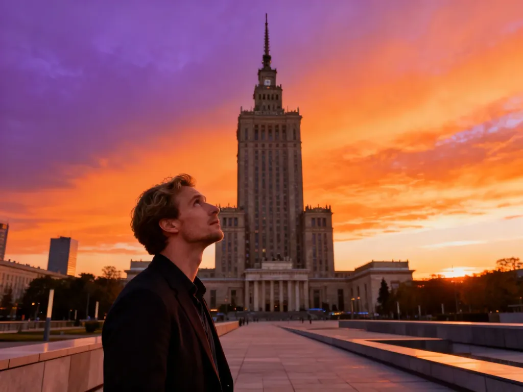 Mężczyzna patrzący na Pałac Kultury i Nauki w Warszawie o zachodzie słońca.