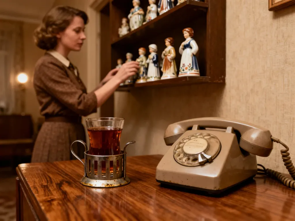 Wnętrze mieszkania z lat 70. z telefonem stacjonarnym i kobietą oglądającą ceramiczne figurki w Muzeum Życia w PRL.