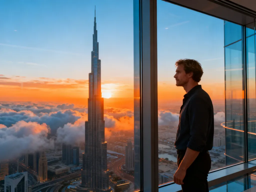 Mężczyzna podziwiający panoramę miasta z punktu widokowego w Sky Tower podczas zachodu słońca.