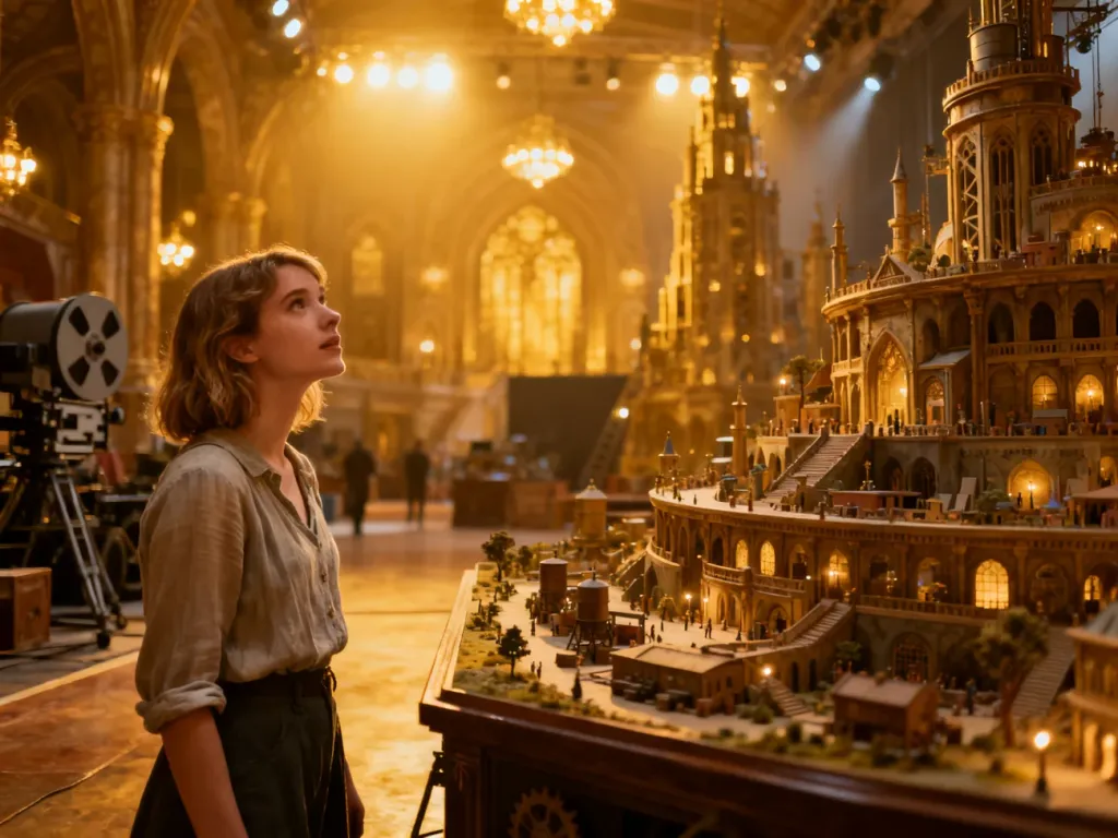Turystka z zachwytem ogląda makietę filmową w magicznym wnętrzu studia Warner Bros. w Londynie.