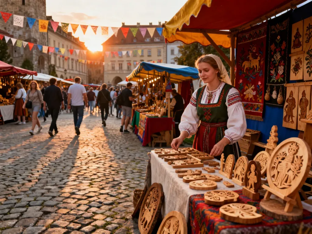 Kobieta w stroju ludowym prezentuje ręcznie wykonane drewniane rzeźby na tle tętniącego życiem Jarmarku Jagiellońskiego.