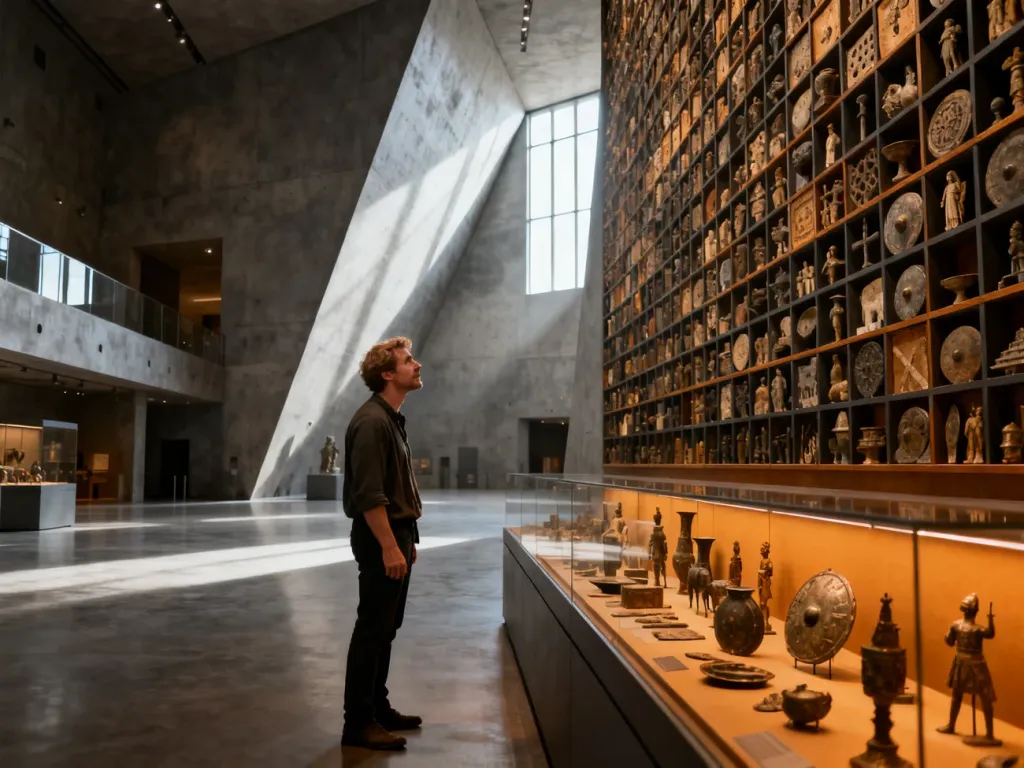 Zwiedzający w nowoczesnym wnętrzu Muzeum II Wojny Światowej w Gdańsku, oglądający wystawę z historycznymi artefaktami.
