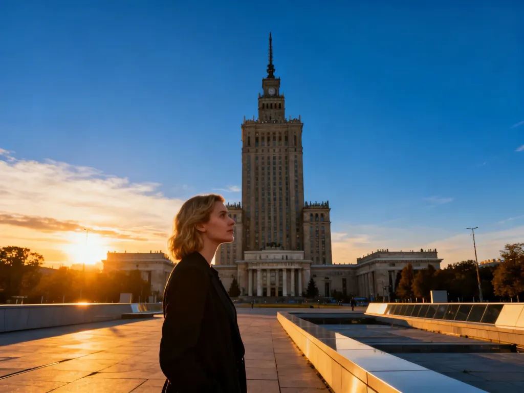 Kobieta podziwiająca Pałac Kultury i Nauki w Warszawie podczas zachodu słońca.